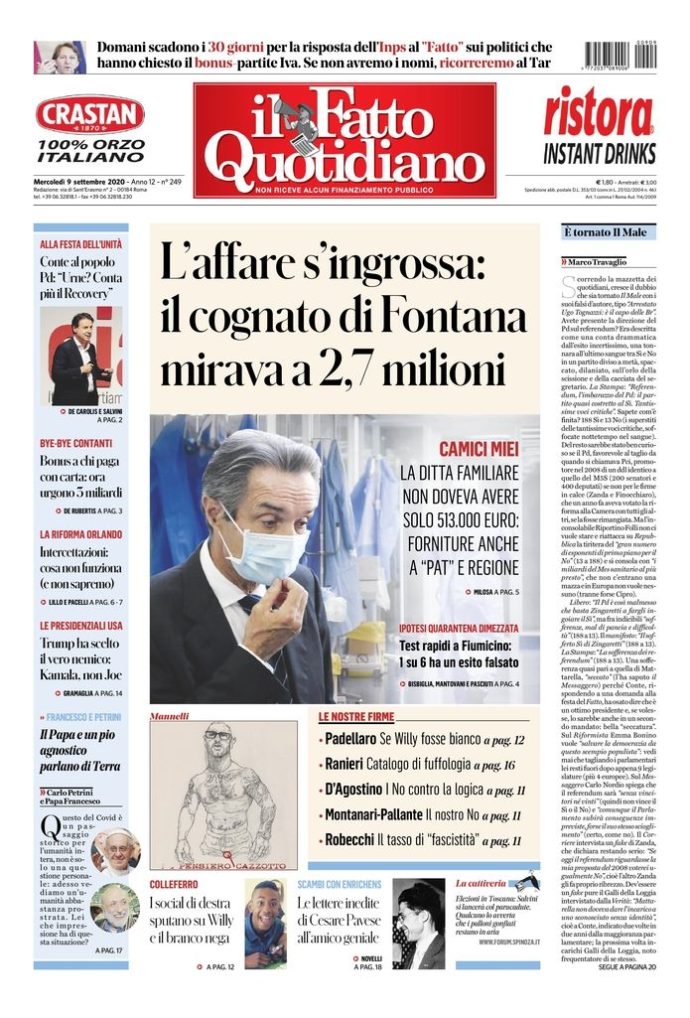 Copertina de Il Fatto Quotidiano di Mer 9 Settembre 2020