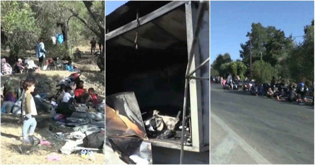 Carcasse di tende e oggetti bruciati, il campo di Moria distrutto dopo gli incendi. Migranti costretti a dormire in strada – I video