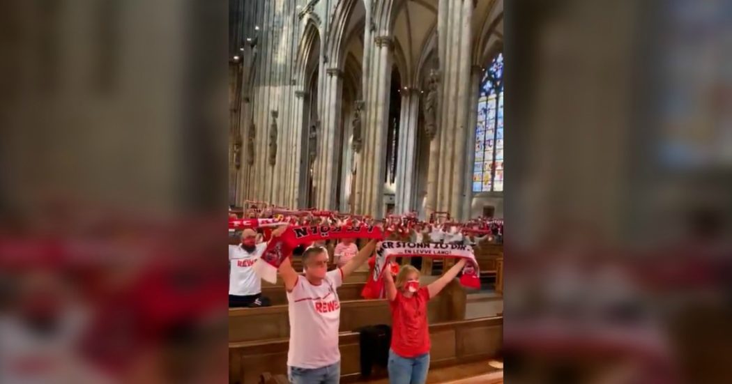 Lo stadio è chiuso, la sciarpata dei tifosi del Colonia si trasferisce in chiesa: video