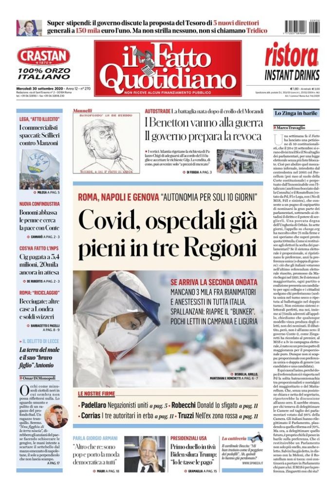 Copertina di mercoledì 30 settembre 2020