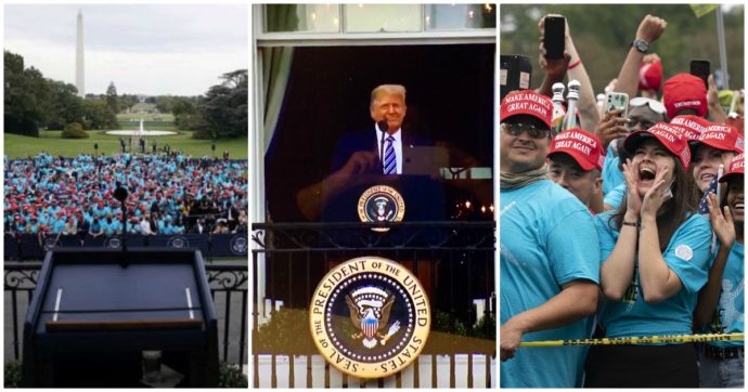 Usa, Trump parla alla folla dal balcone della Casa Bianca: “Sto bene”. Media: “Sostenitori ammassati, molti senza mascherina”
