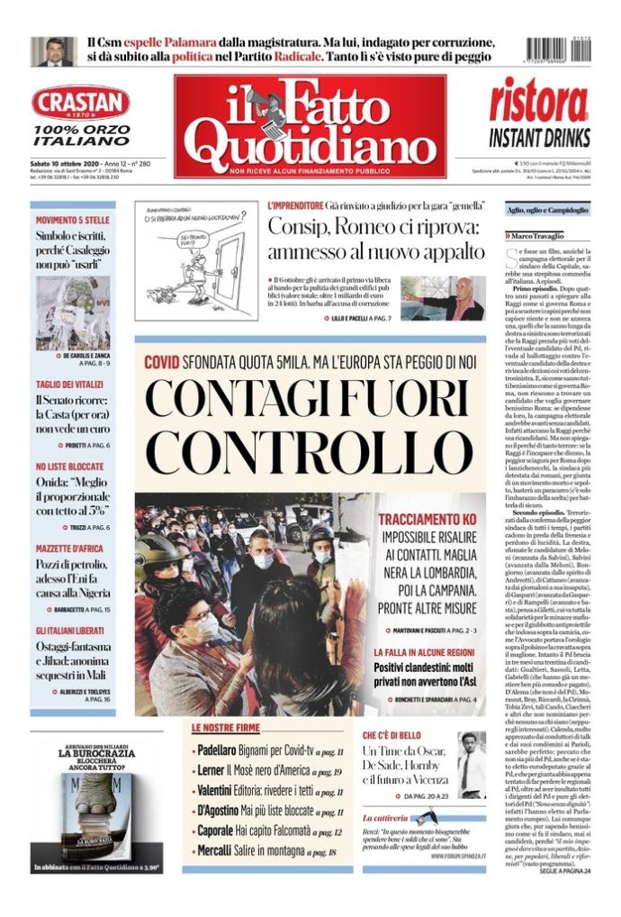 Copertina de Il Fatto Quotidiano di Sab 10 Ottobre 2020