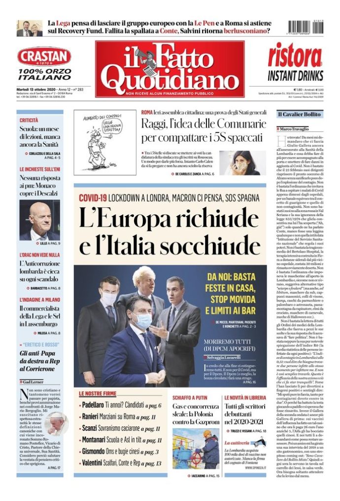 Copertina di martedì 13 ottobre 2020