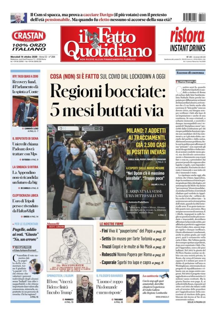 Copertina di mercoledì 14 ottobre 2020