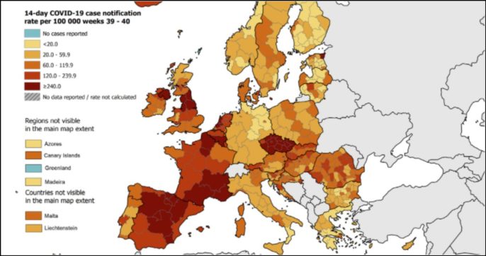 Coronavirus, la mappa europea del rischio: Francia, Spagna, Regno Unito e altri 14 Paesi sono “rossi”. L’Italia è arancione