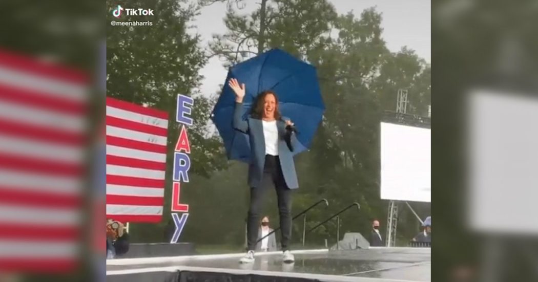 Kamala Harris balla sotto la pioggia in Florida: il video fa impazzire i social