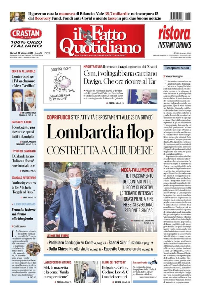 Copertina di martedì 20 ottobre 2020