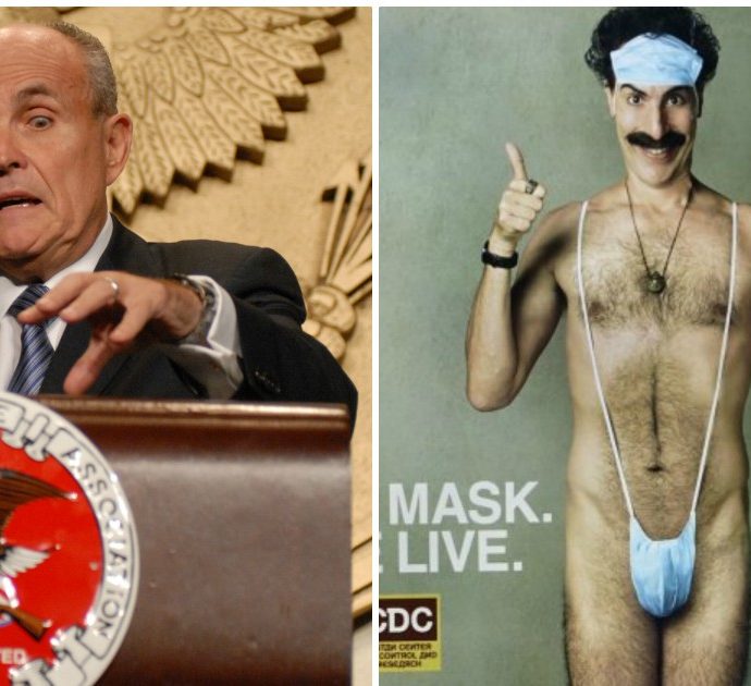 Rudolph Giuliani in imbarazzo: si apparta con una (finta) giornalista e inizia a toccarsi, poi l’intervento di Borat