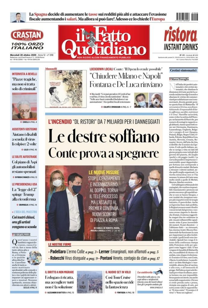 Copertina di mercoledì 28 ottobre 2020