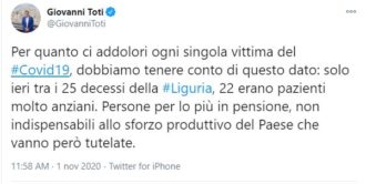Copertina di Il caso del tweet di Toti: “Anziani più fragili, non indispensabili a sforzo produttivo del Paese”. Poi si scusa: “Messaggio frainteso”