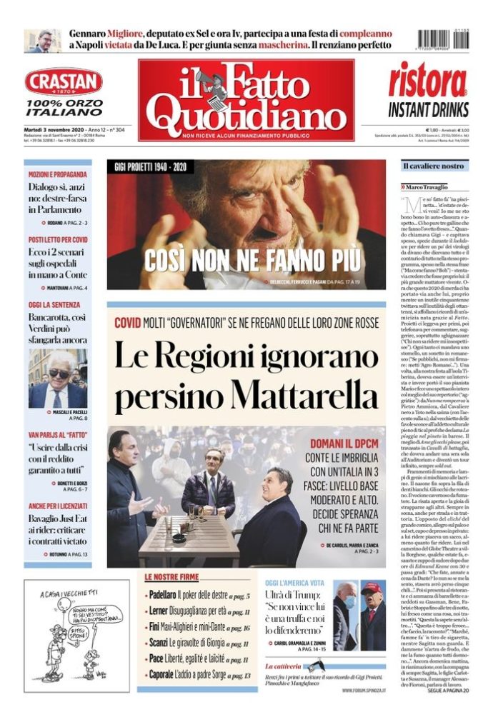 Copertina di martedì 3 novembre 2020