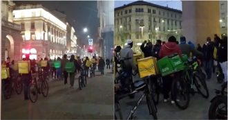 Copertina di Rider, centinaia di lavoratori in corteo per le vie di Milano contro il contratto nazionale firmato da Assodelivery: “Basta paghe da fame”