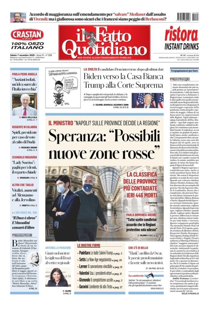 Copertina di sabato 7 novembre 2020