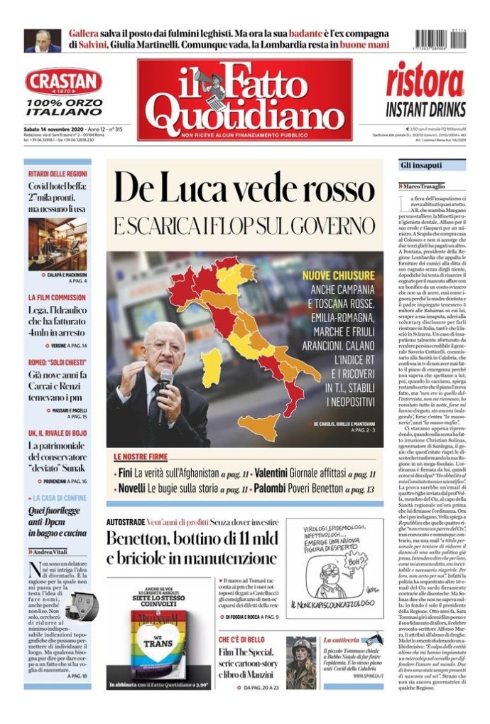 Copertina di sabato 14 novembre 2020