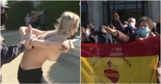 Copertina di Madrid, tentano di bloccare la manifestazione dei nostalgici in memoria dell’ex dittatore Franco. Attiviste Femen arrestate dalla polizia