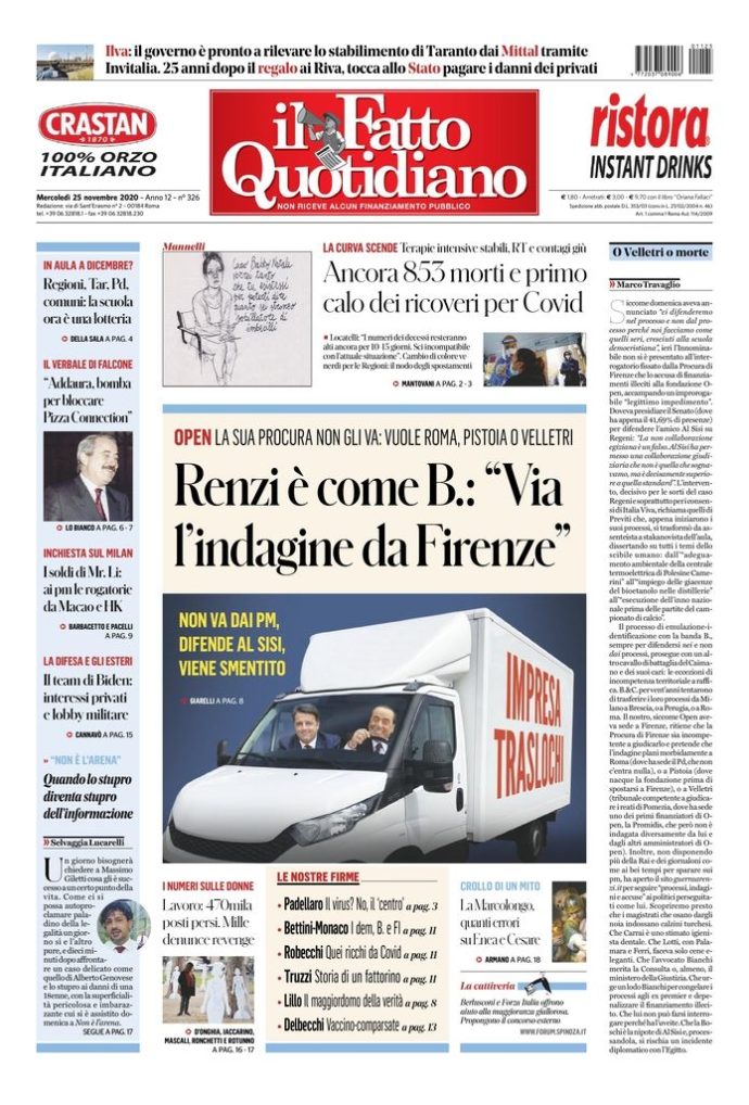 Copertina di mercoledì 25 novembre 2020