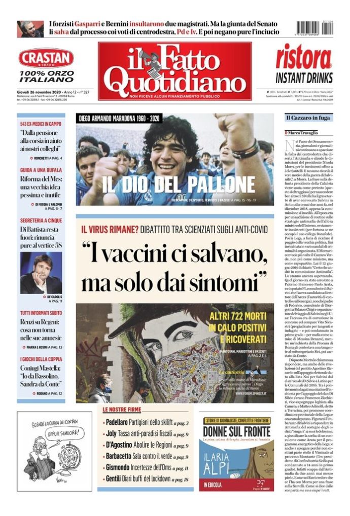 Copertina di giovedì 26 novembre 2020