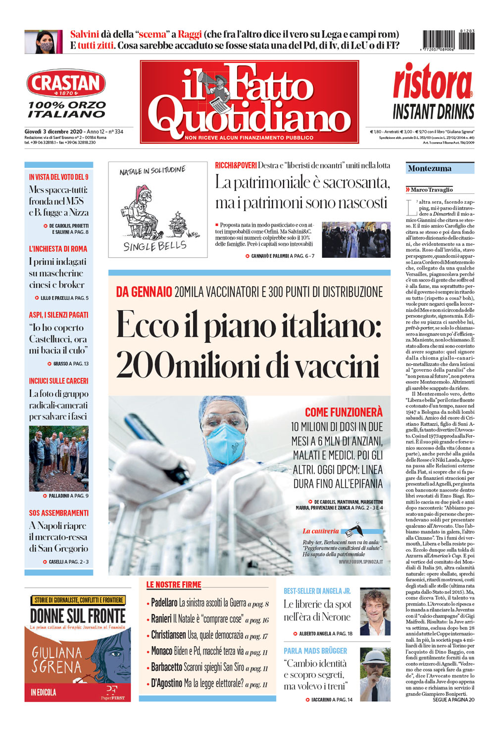 Prima Pagina Il Fatto Quotidiano - Ecco il piano italiano: 200milioni di vaccini