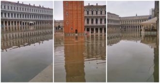 Copertina di Acqua alta a Venezia, il Mose non è attivo: le immagini di piazza San Marco allagata