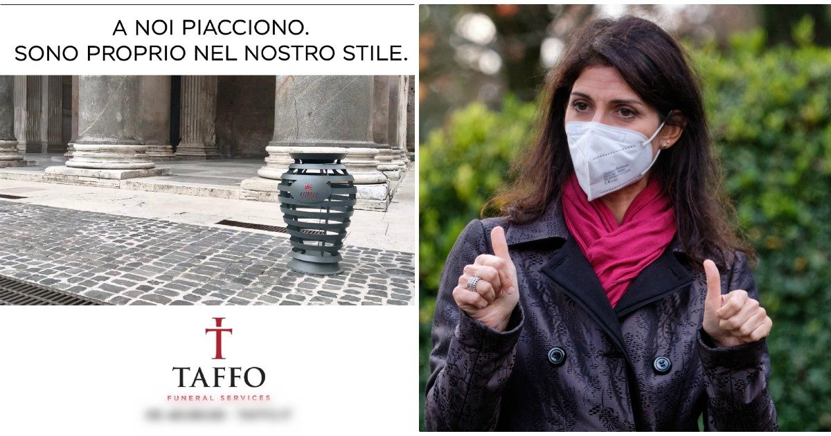I nuovi cestini per i rifiuti di Roma sembrano urne funerarie, Taffo a Virginia Raggi: “È proprio il nostro stile”