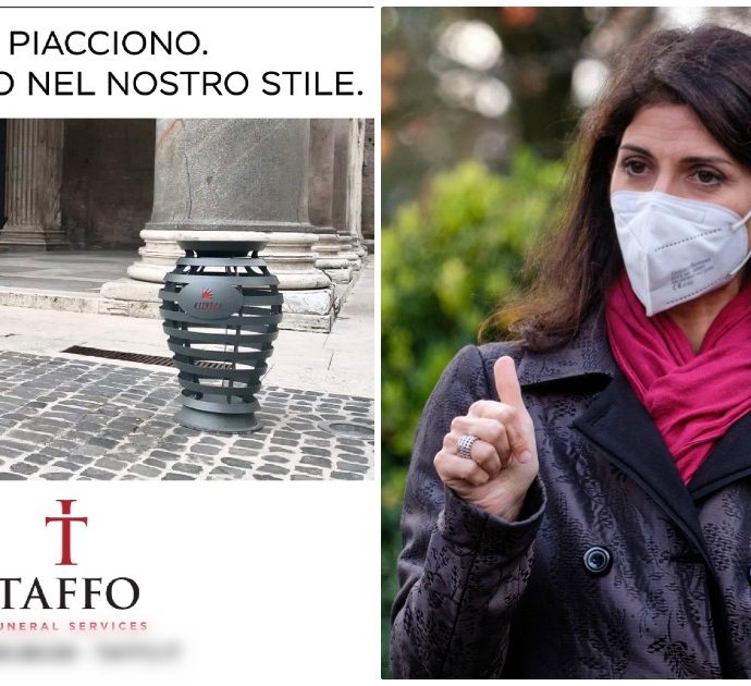 I nuovi cestini per i rifiuti di Roma sembrano urne funerarie, Taffo a Virginia Raggi: “È proprio il nostro stile”