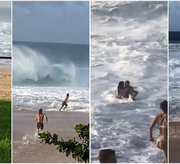 Una donna in difficoltà tra le onde, il surfista la vede e si tuffa nell’oceano in burrasca per salvarla: il video integrale del gesto eroico