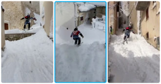 Copertina di Un metro e mezzo di neve sugli Appennini: a Rocca di Cambio si scia tra le strade del borgo (con qualche rischio) – Video
