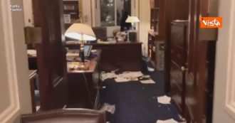 Copertina di Capitol Hill, il caos al Congresso Usa dopo l’assalto dei sostenitori di Trump: ecco gli uffici sottosopra – Video