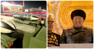 Copertina di Corea del Nord, i nuovi missili balistici per sottomarini sfilano davanti a un sorridente Kim Jong-un: il video della parata militare