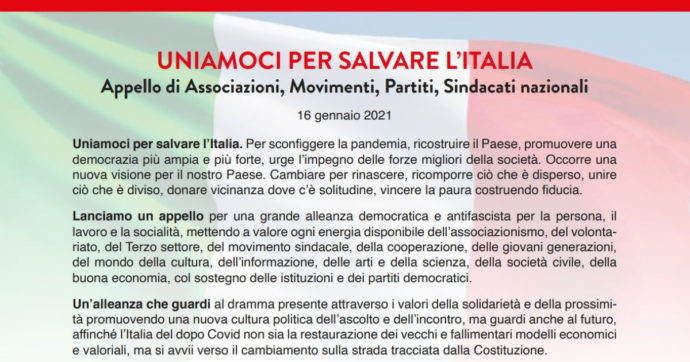 “Uniamoci per salvare l’Italia”: l’appello per un’alleanza antifascista promosso da Anpi, sindacati, Pd, sinistra, Sardine e M5s