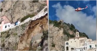 Copertina di Amalfi, frana lungo la statale: si stacca parte del costone roccioso. L’intervento con l’elicottero per recuperare le famiglie intrappolate – Video