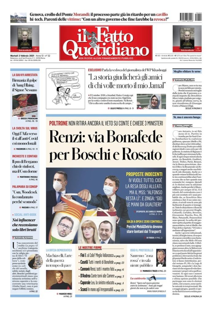 Copertina de Il Fatto Quotidiano di Mar 2 Febbraio 2021