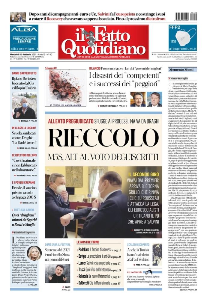 Copertina di mercoledì 10 febbraio 2021