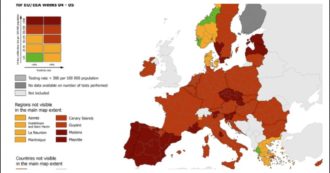 Copertina di Coronavirus, la mappa europea del contagio: Trento, Bolzano e Umbria a rischio massimo. Val d’Aosta unica regione gialla in Italia