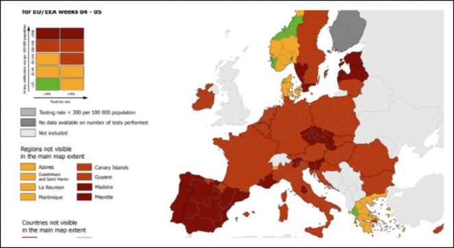 Coronavirus, la mappa europea del contagio: Trento, Bolzano e Umbria a rischio massimo. Val d’Aosta unica regione gialla in Italia