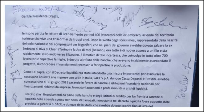 I lavoratori Embraco licenziati dopo anni di promesse scrivono a Draghi: “Intervenga sulle banche per sbloccare i finanziamenti”