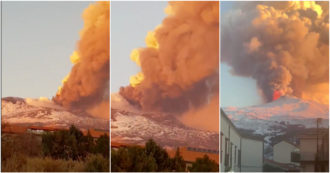 Copertina di Etna in eruzione, i colori spettacolari della colonna di fumo che si leva dal vulcano – Video