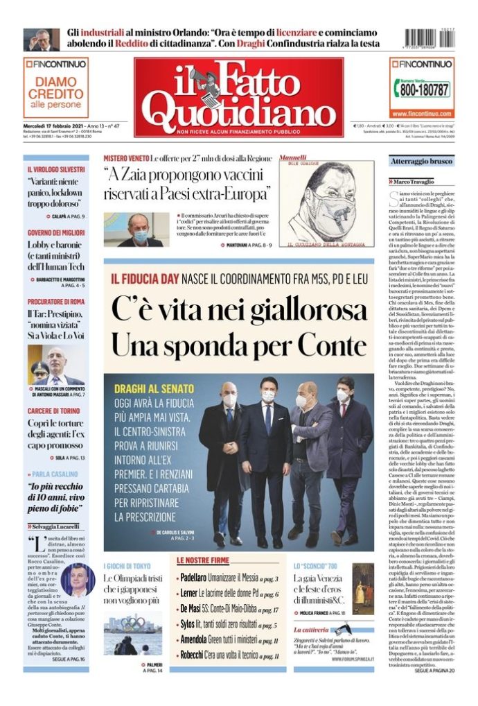 Copertina di mercoledì 17 febbraio 2021