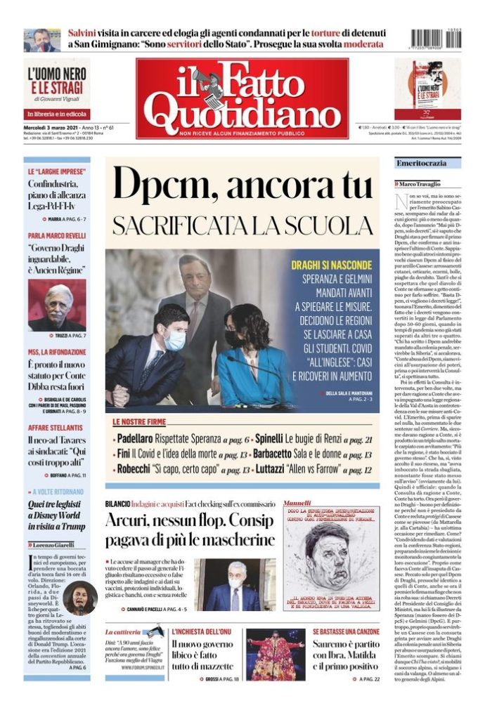 Copertina de Il Fatto Quotidiano di Mer 3 Marzo 2021