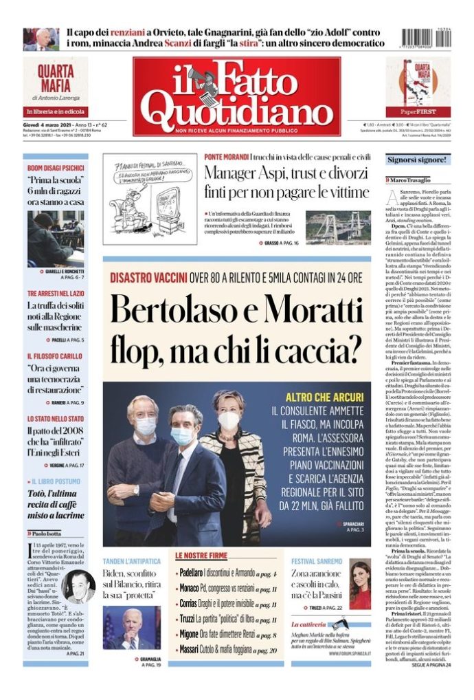 Copertina di giovedì 4 marzo 2021