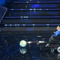 Sanremo Festival host and artistic director, Amadeus with Milan’s Swedish forward Zlatan Ibrahimovic and  Italian Powerchair Football player Donato Grande on stage at the Ariston theatre during the 71st Sanremo Italian Song Festival, Sanremo, Italy, 04 March 2021. The festival runs from 02 to 06 March.    ANSA/ETTORE FERRARI