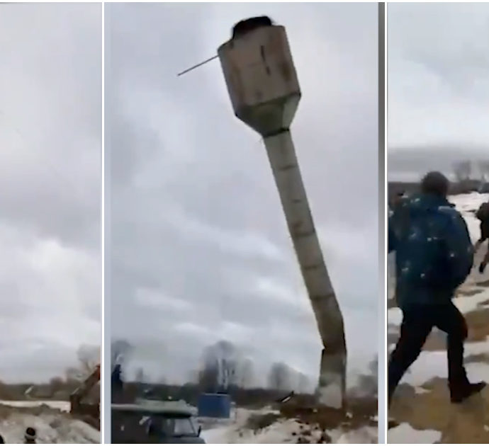 Cercano di abbattere una torre idrica, ma qualcosa va storto: la “manovra” degli operai è da ridere – Video