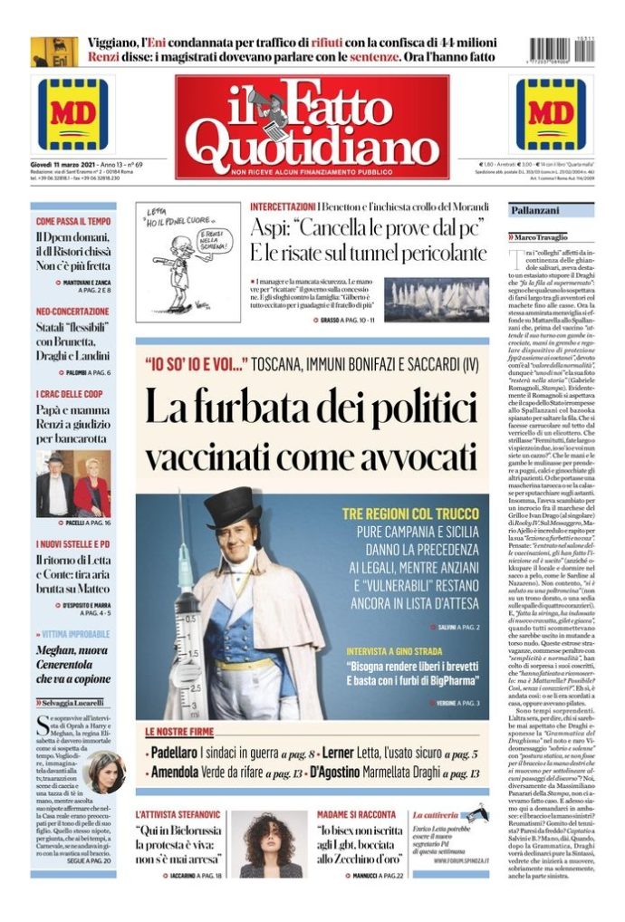 Copertina di giovedì 11 marzo 2021