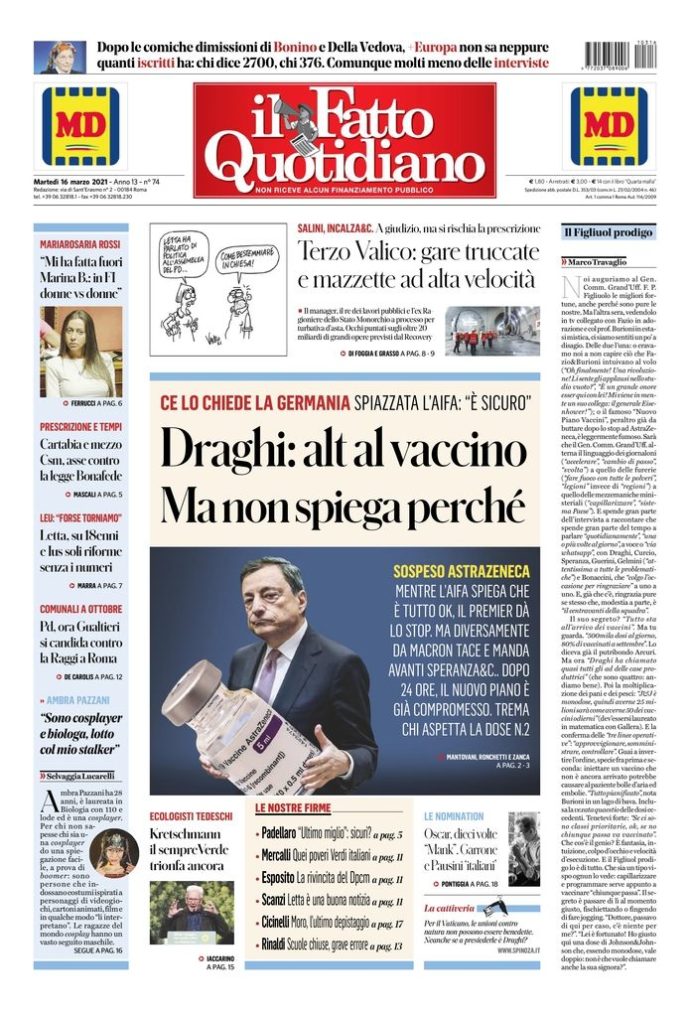 Copertina di martedì 16 marzo 2021