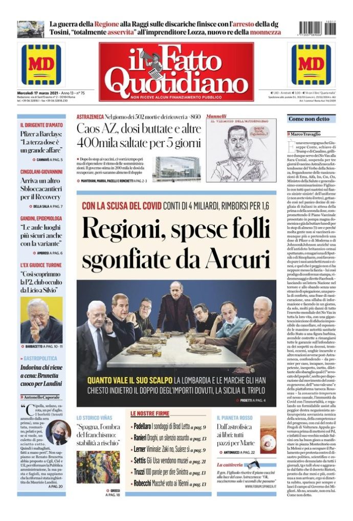 Copertina di mercoledì 17 marzo 2021