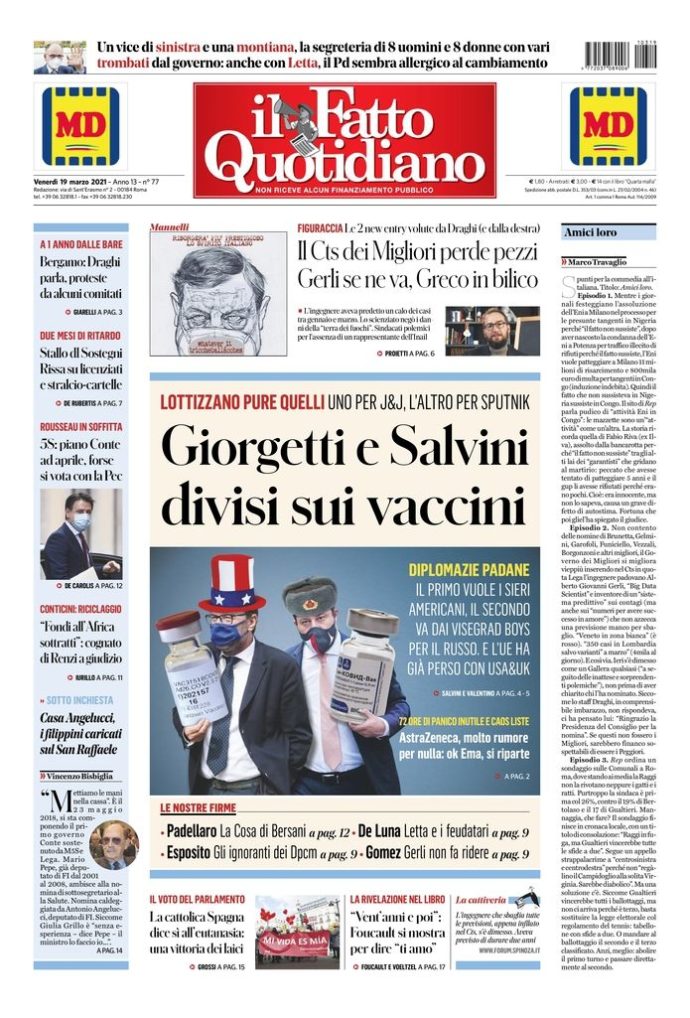 Copertina di venerdì 19 marzo 2021