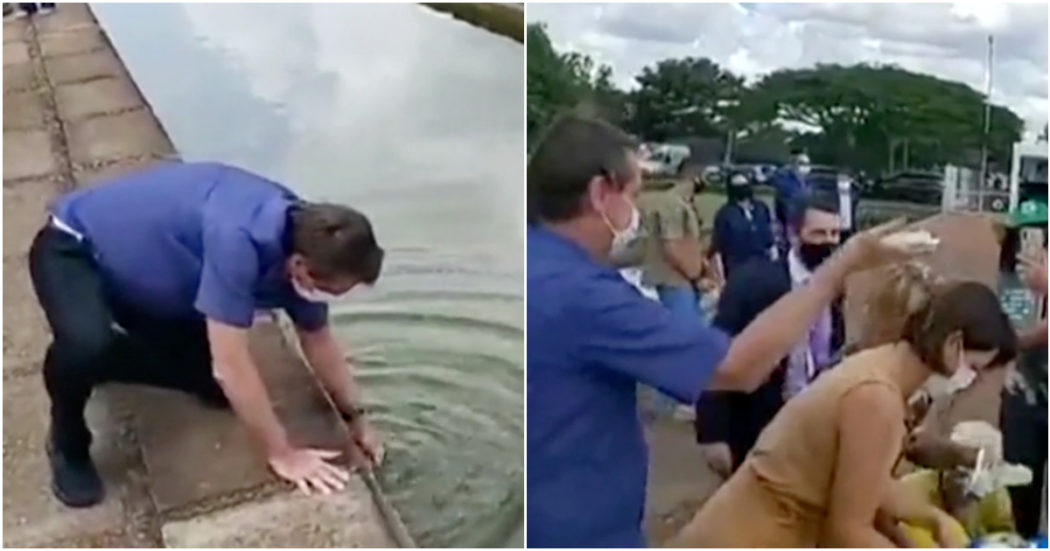 Centinaia di persone assembrate e senza mascherina alla festa di Bolsonaro: lui si lava le mani in un canale e poi distribuisce la torta