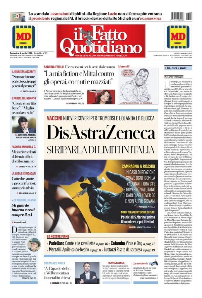 Copertina de Il Fatto Quotidiano di Dom 4 Aprile 2021