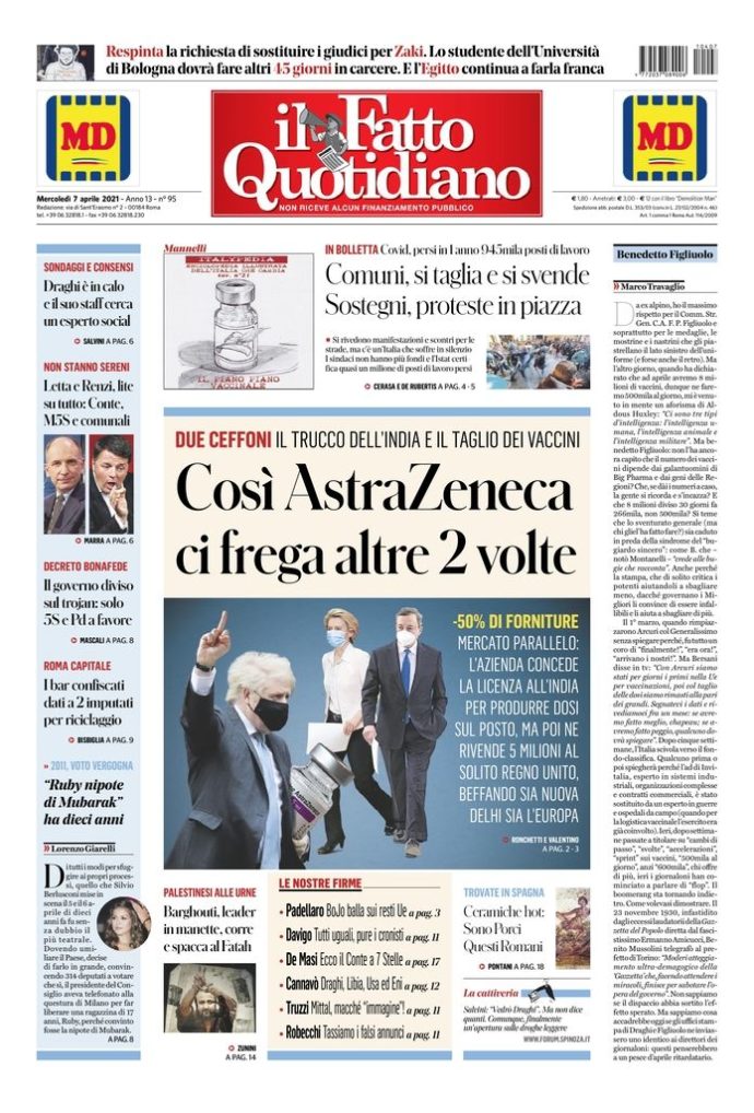 Copertina di mercoledì 7 aprile 2021