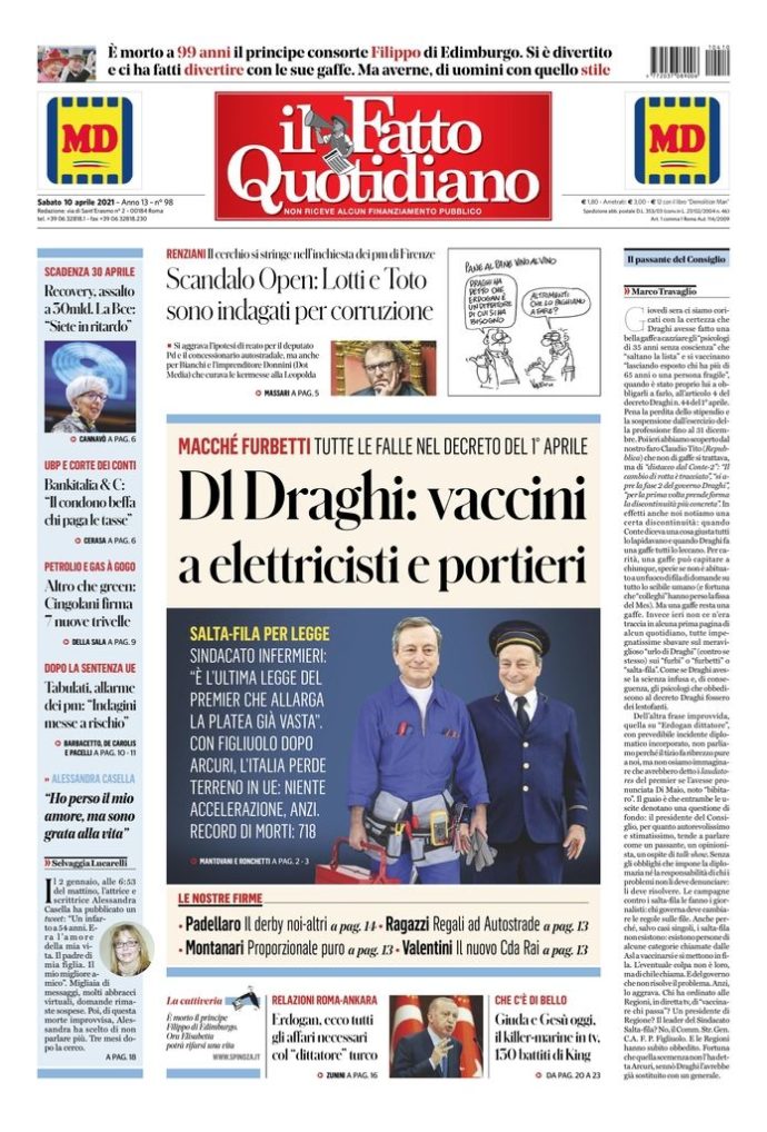 Copertina di sabato 10 aprile 2021